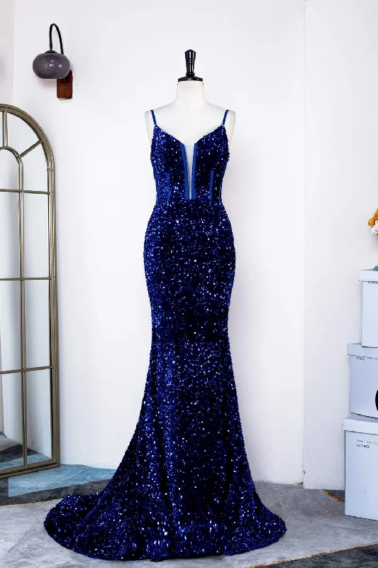 Royal Blue Mermaid Spaghetti Straps Sequins Long Prom Dress Sequin Dress Look