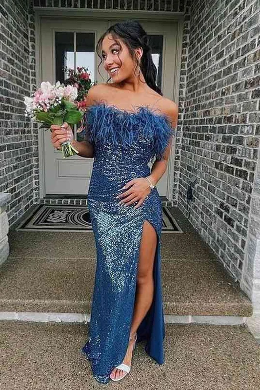 Sequins Strapless Feather Long Formal Dress Prom Dress with Slit,DP632 Sequin Dress Long