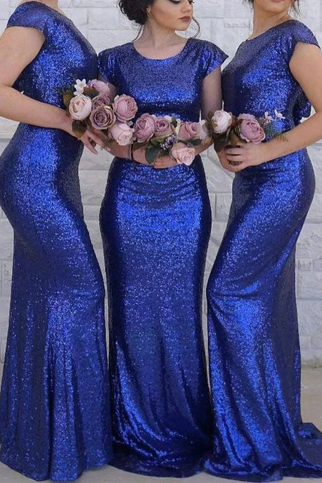 Sparkly Fitted Round Cap Sleeveless With Train Sequins Bridesmaid Dress Sequin Dress Vibe