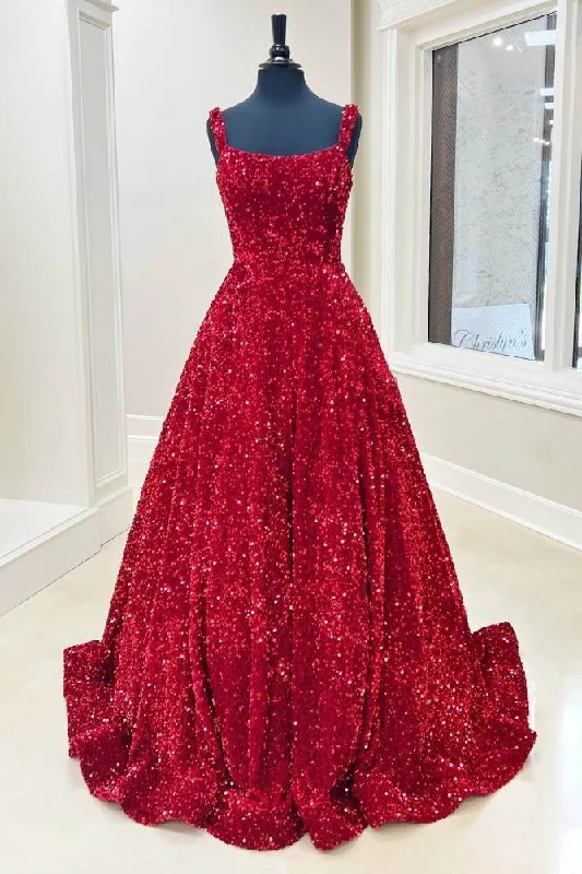 Straps Red Sequin A-Line Long Prom Dress Sequin Cocktail Gown