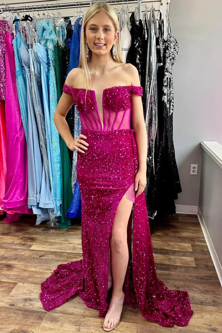 Trumpet Off-Shoulder Empire Sheer With Side Slit Sequins Prom Dress Formal Sequin Dress