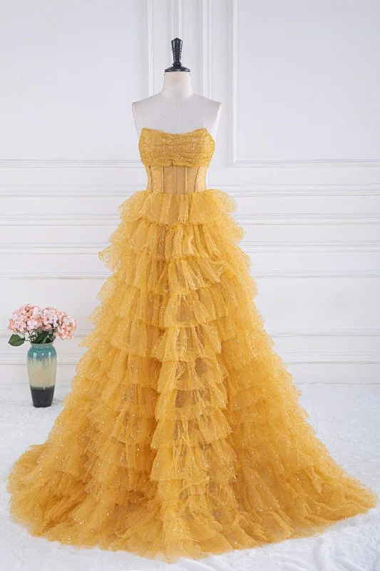 Yellow Sequined Strapless Layers A-line Long Prom Dress Sequin Dress Trend