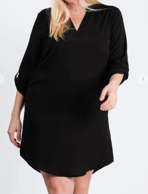 3/4 Sleeve Shirt Dress In Black Relaxed Shirt Gown