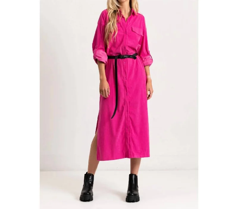 Corduroy Roll Up Sleeve Shirt Dress In Pink Soft Shirt Dress