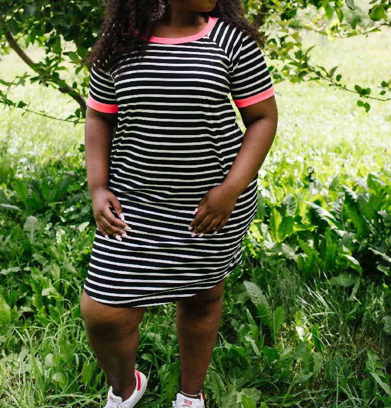 Later Skater T-Shirt Dress With Hot Pink Trim In Black/white Stripe Summer Shirt Dress