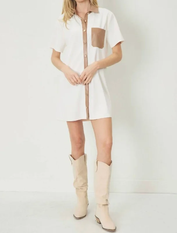 Leather Trim Shirtdress In Beige Shirt Dress Style