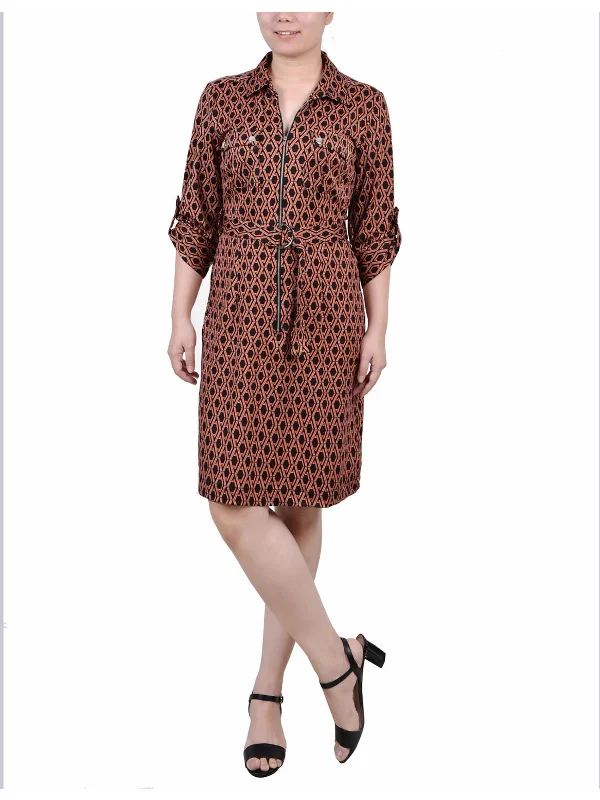 Petites Womens Printed Short Shirtdress Pleated Shirt Dress