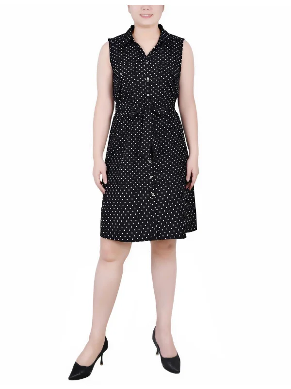 Petites Womens Printed Sleeveless Shirtdress Chic Shirt Dress