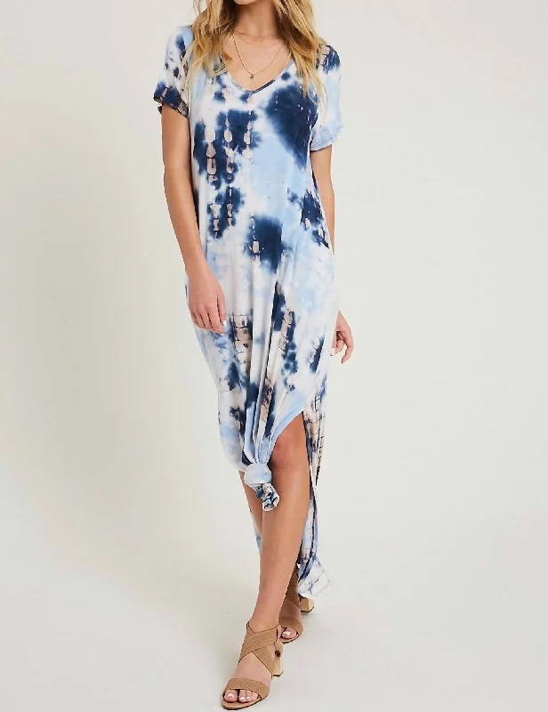 Tie Dye V Neck Tee Shirt Dress With Side Slit In Navy Wash Fit-and-Flare Shirt Dress