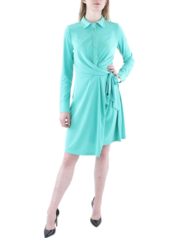 Womens Tie Waist Faux Wrap Shirtdress Elegant Shirt Gown