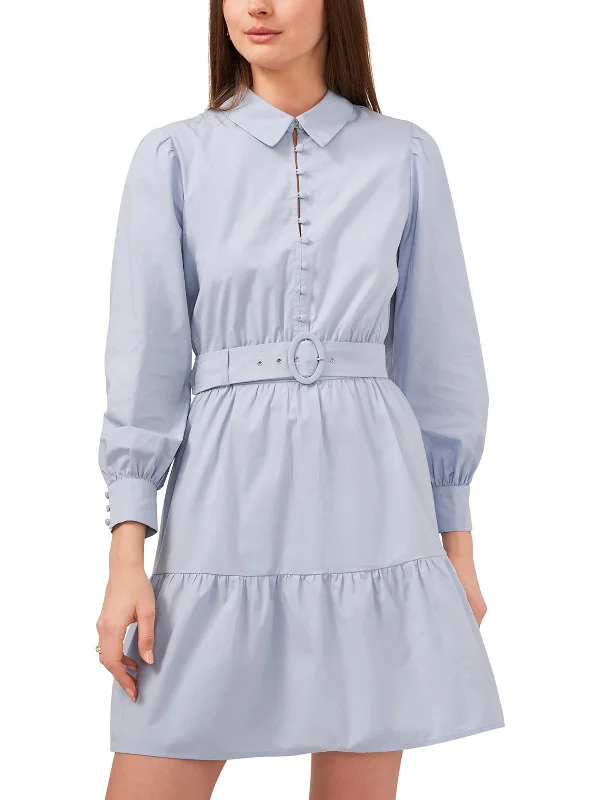 Womens Tiered Belted Shirtdress Elegant Button Shirt