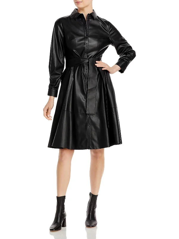 Wyatt Womens Faux Leather Collar Shirtdress Belted Button Dress